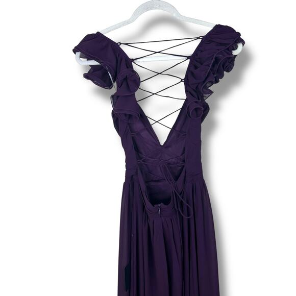 Lulus NWT Soiree Celebration Purple Ruffled Lace-Up Chiffon Maxi Dress Small - Picture 8 of 10
